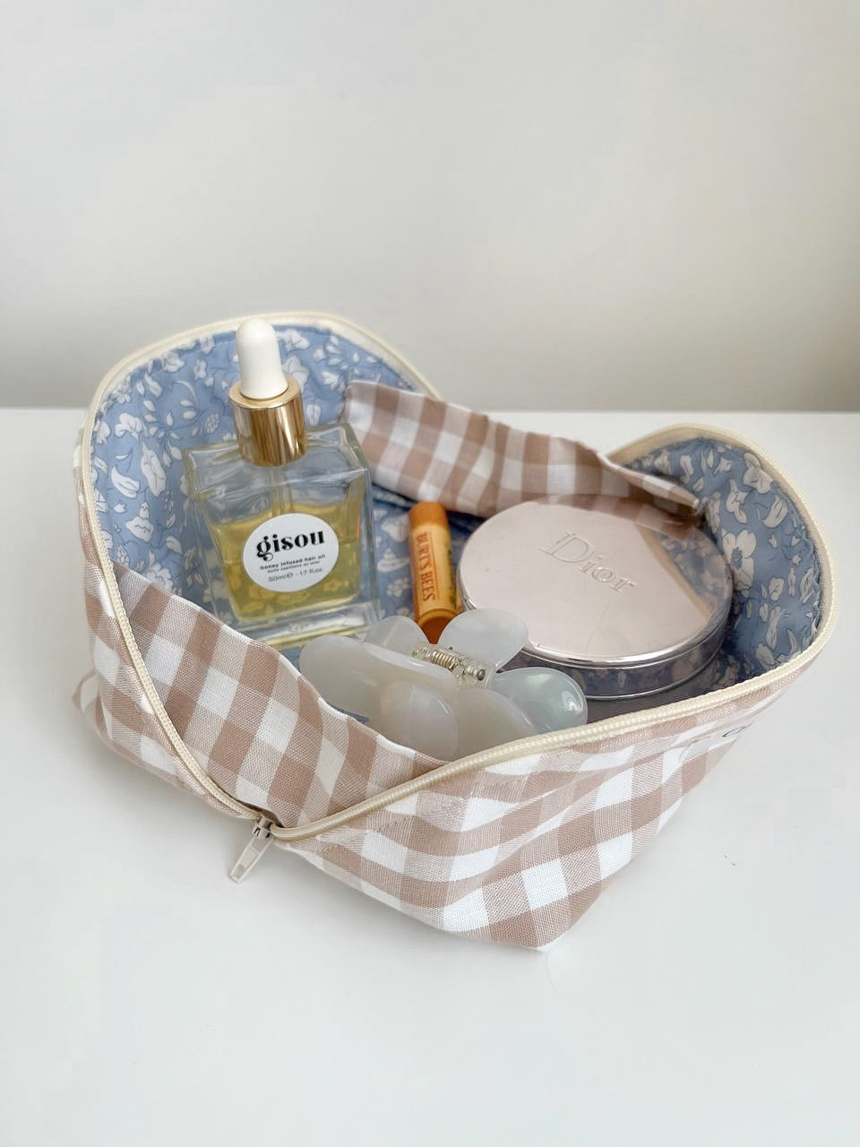 Beauty bag - beige gingham 🕊️🤎 (small size folding)