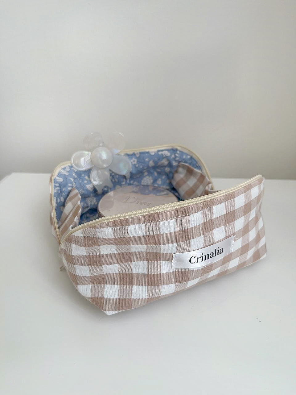 Beauty bag - beige gingham 🕊️🤎 (small size folding)