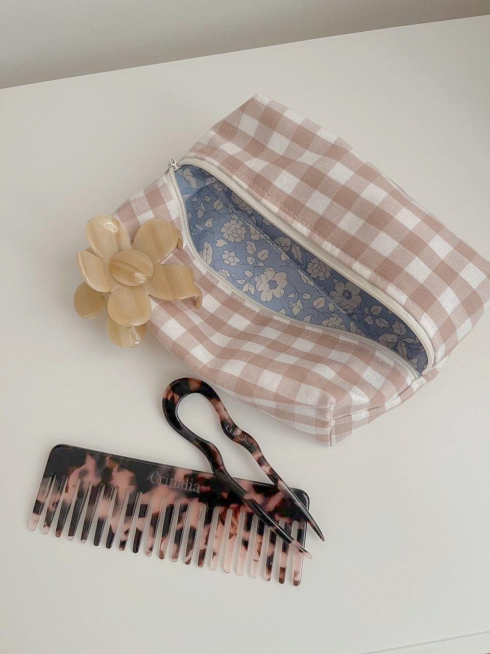 beauty bag - beige gingham 🕊️🤎 (small size)