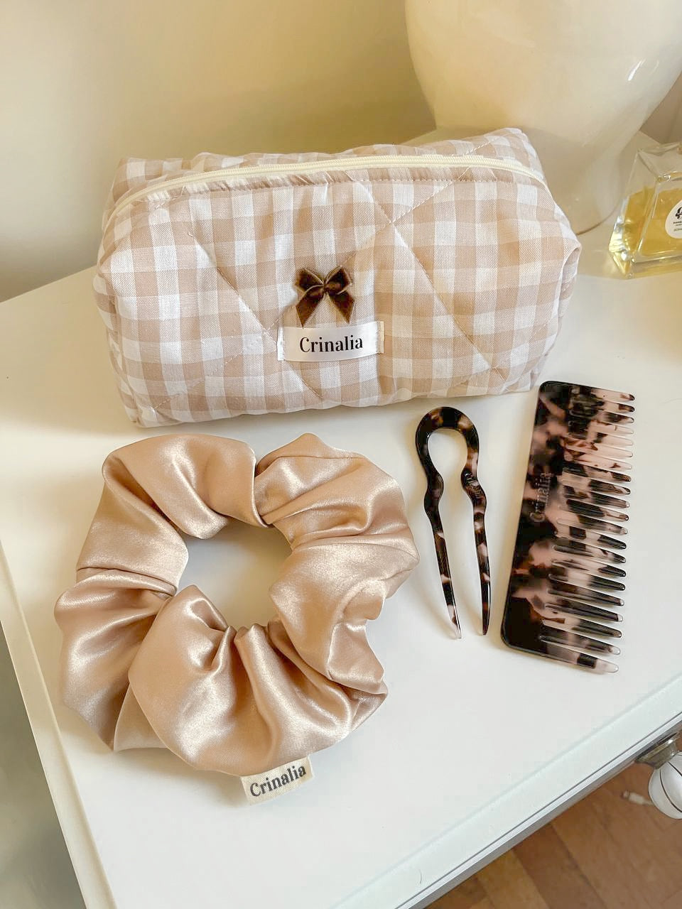 beauty bag - beige gingham 🕊️🤎 (large size)