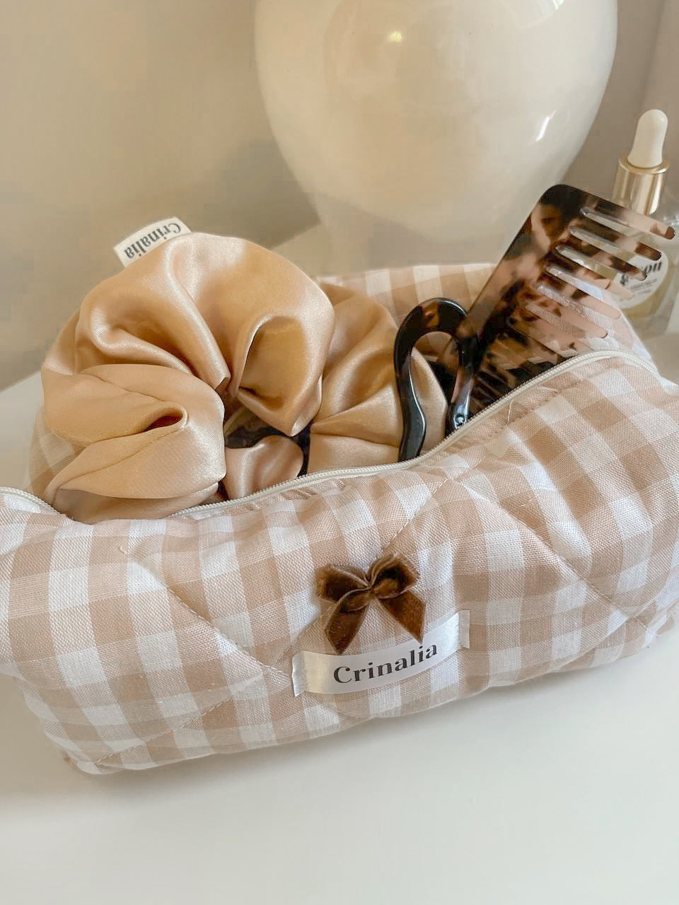 beauty bag - beige gingham 🕊️🤎 (large size)